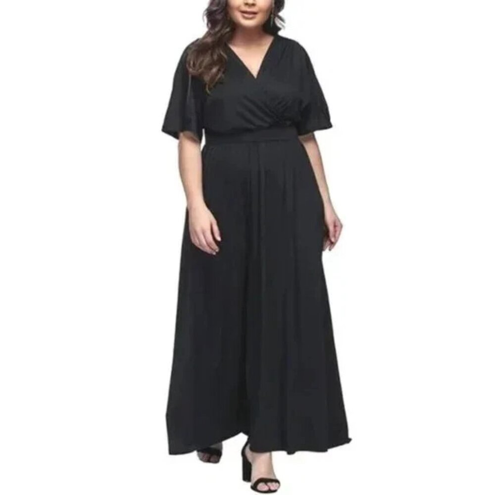 Split Shoulders Short Sleeve Bat Wing Women's Plus Size Surplice Maxi Dress 3XL - Picture 4 of 8